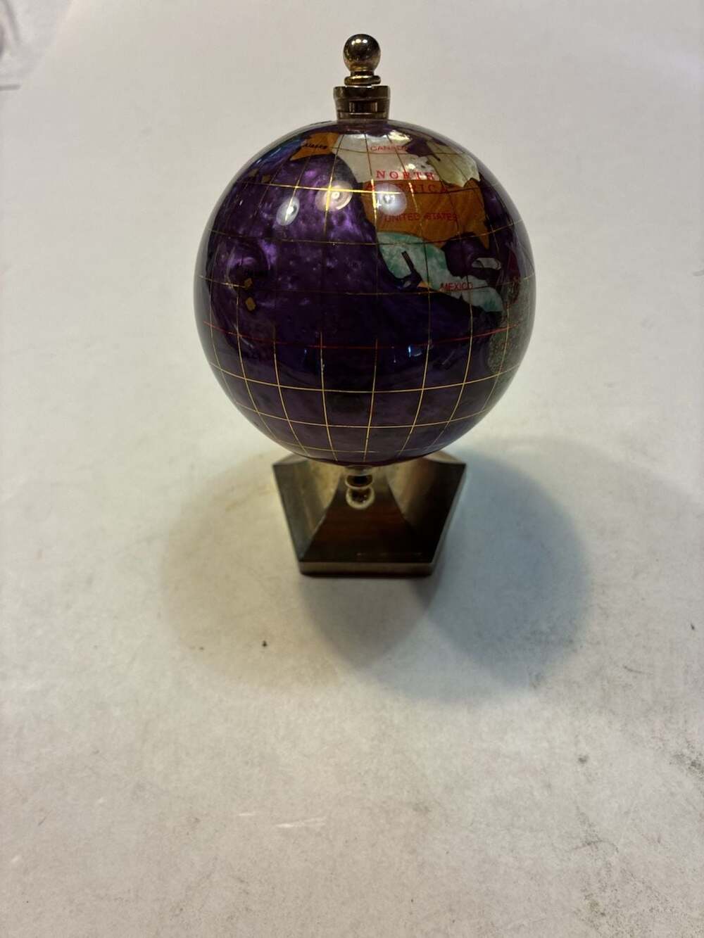 Vintage Handcrafted Semi-Precious Gemstone Inlay World Globe with Metal Stand